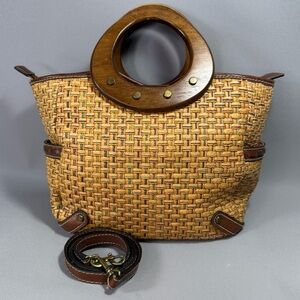 Fossil Vintage Tan Woven Wicker Crossbody Satchel with Wooden Handles